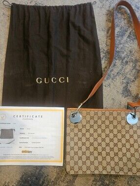 Women's Gucci GG Canvas Tan Brown Tote with Leather Strap